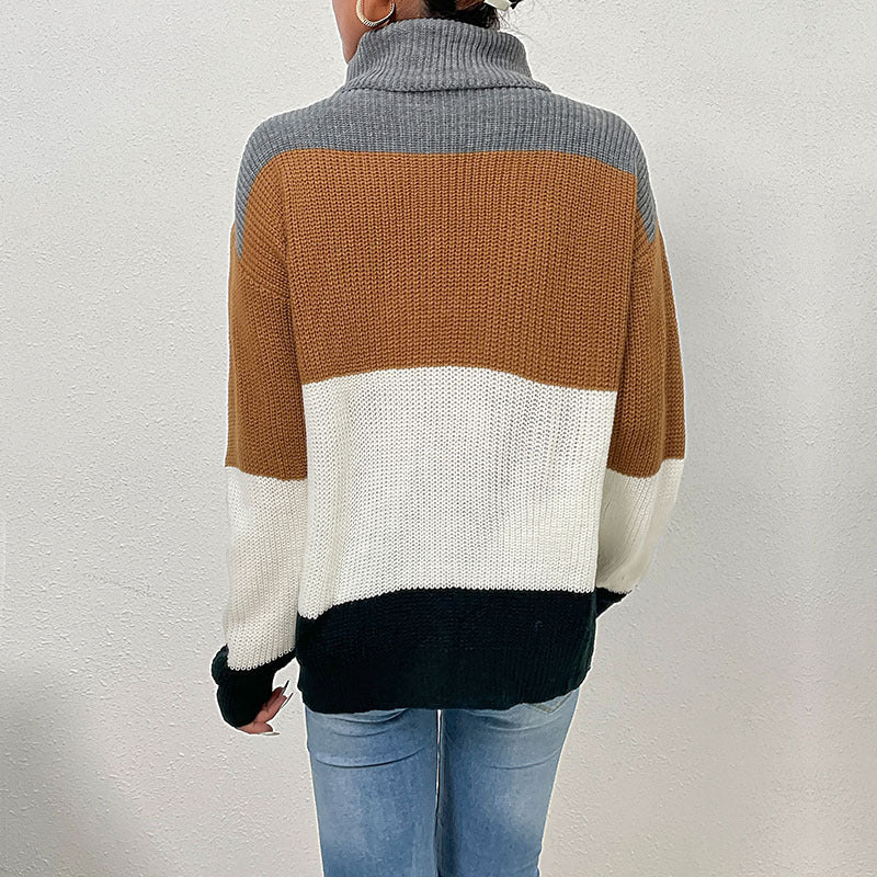 Damen Strickpullover Hochkragen Farbblockdesign