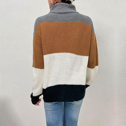 Damen Strickpullover Hochkragen Farbblockdesign