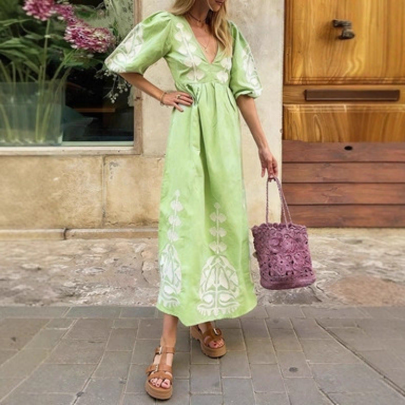 Damen Midikleid Luftige Puffärmel Florales Stickdesign