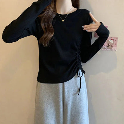 Damen Langarmshirt Rüschendetail Lässig Weiß