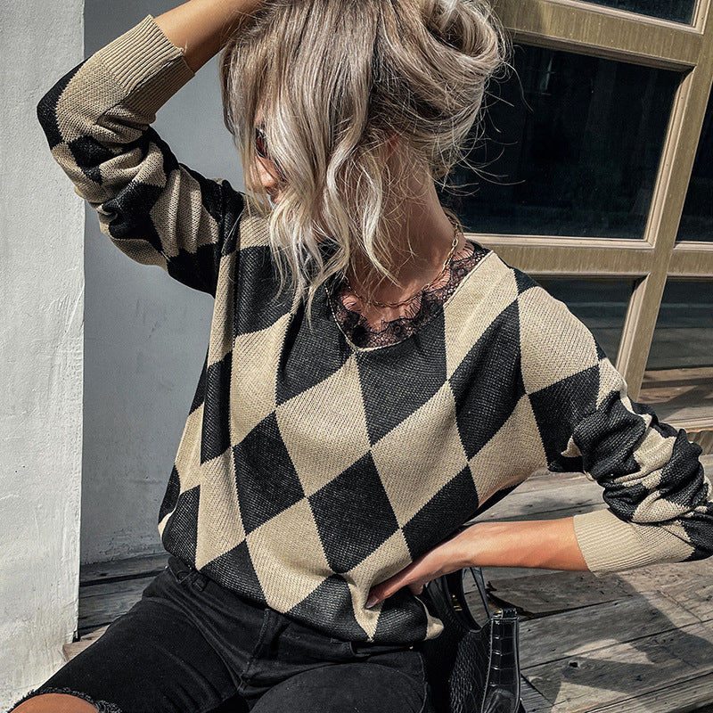 Damen Strickpullover Rautenmuster Hochkragen Norvielle
