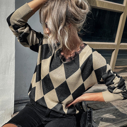 Damen Strickpullover Rautenmuster Hochkragen Norvielle