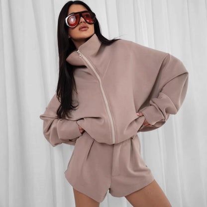 Damen Oversize Kapuzenjacke-Shorts-Set Reißverschluss Norvielle - Norvielle