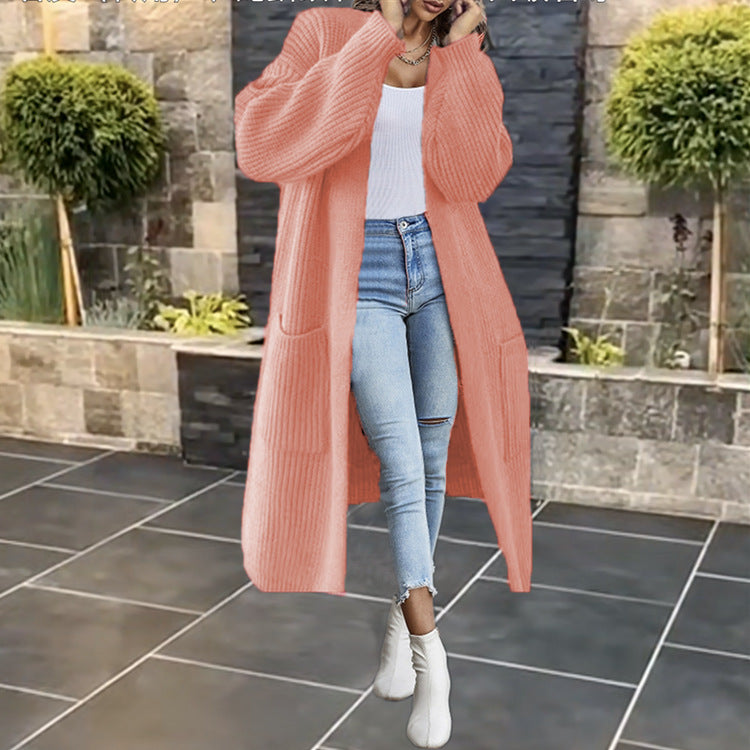 Damen Grobstrick-Cardigan Offenes Frontdesign Mit Taschen Beige