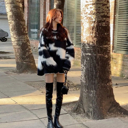 Damen Gemusterter Oversized Pullover Weiches Material Beige