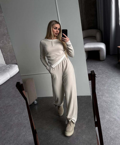 Damen Zwei-teiliges Outfit mit Kragen und weiten Hosen Norvielle