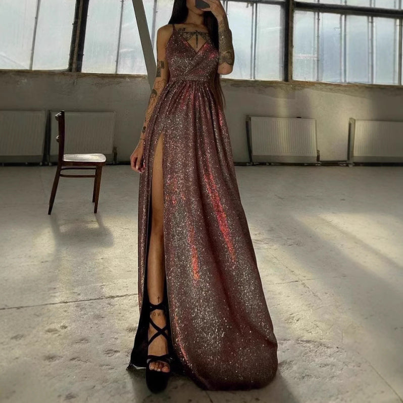 Damen Maxikleid Glitzer Effektdesign Tiefes Dekolleté