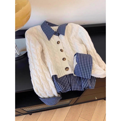 Damen Strickjacke Karostoffkragen Knöpfe Norvielle