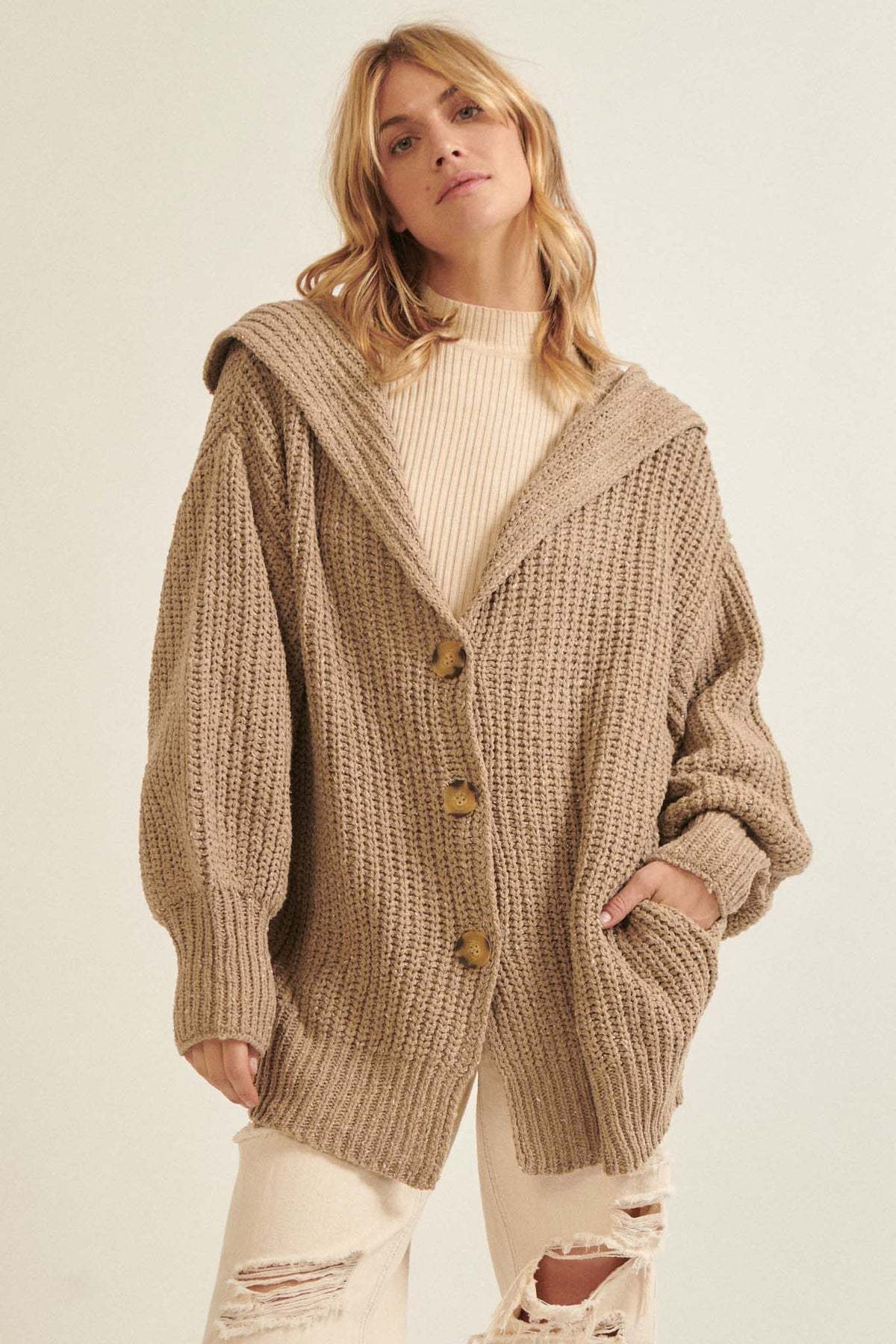 Damen Grobstrickjacke Norvielle Modern Reverskragen Dekorative Knöpfe