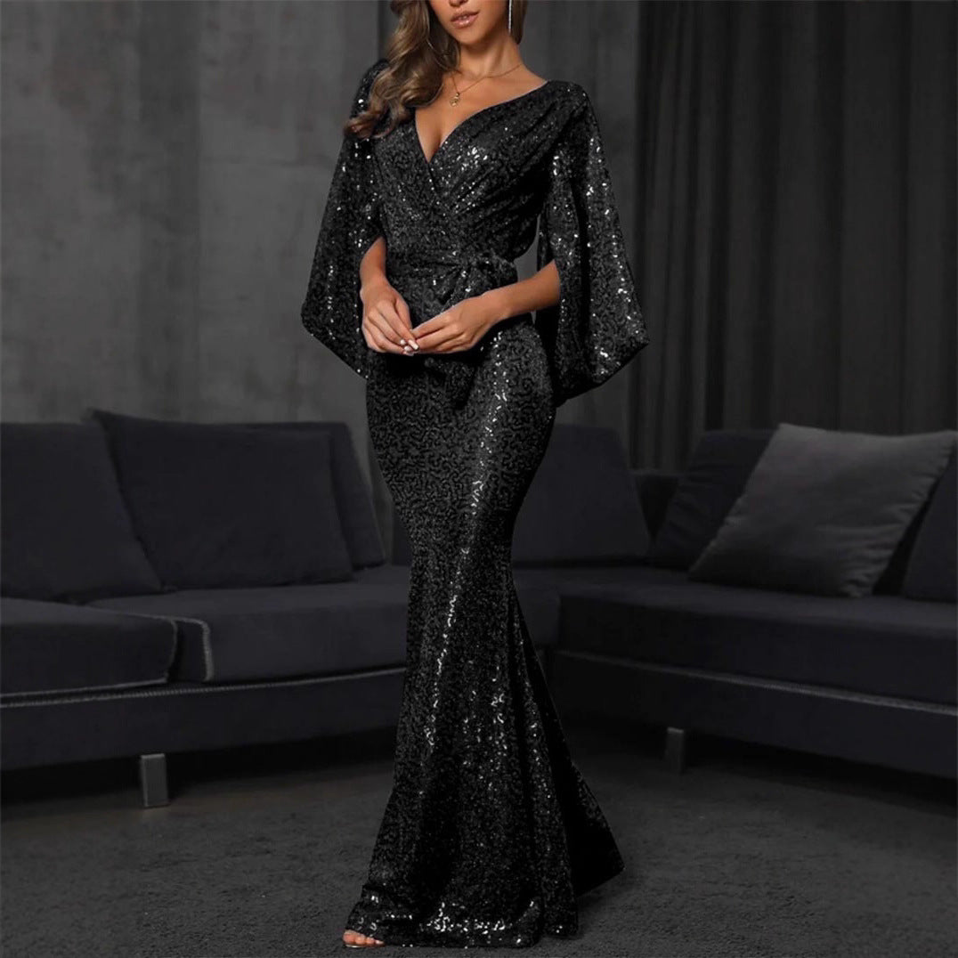 Damen Pailletten Mermaid-Kleid V-Ausschnitt Voluminöse Ärmel Norvielle