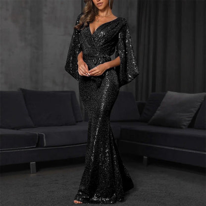Damen Pailletten Mermaid-Kleid V-Ausschnitt Voluminöse Ärmel Norvielle