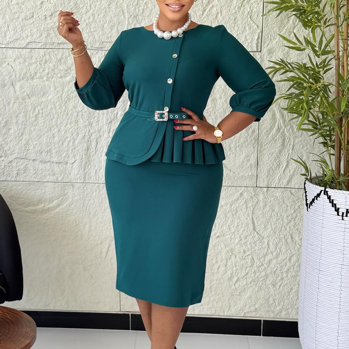 Damen Etuikleid mit Peplum-Saum und Taillengürtel Norvielle - Norvielle