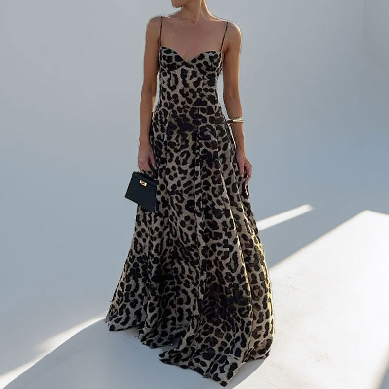 Damen Maxikleid Leoprint Elegant Tiefes Dekolleté