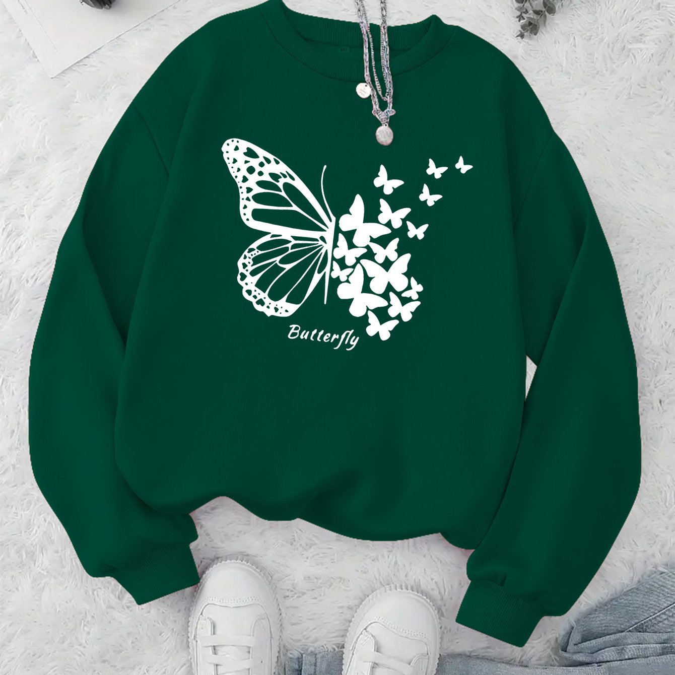 Damen Sweatshirt Schmetterlingsmotiv Lässig Grün