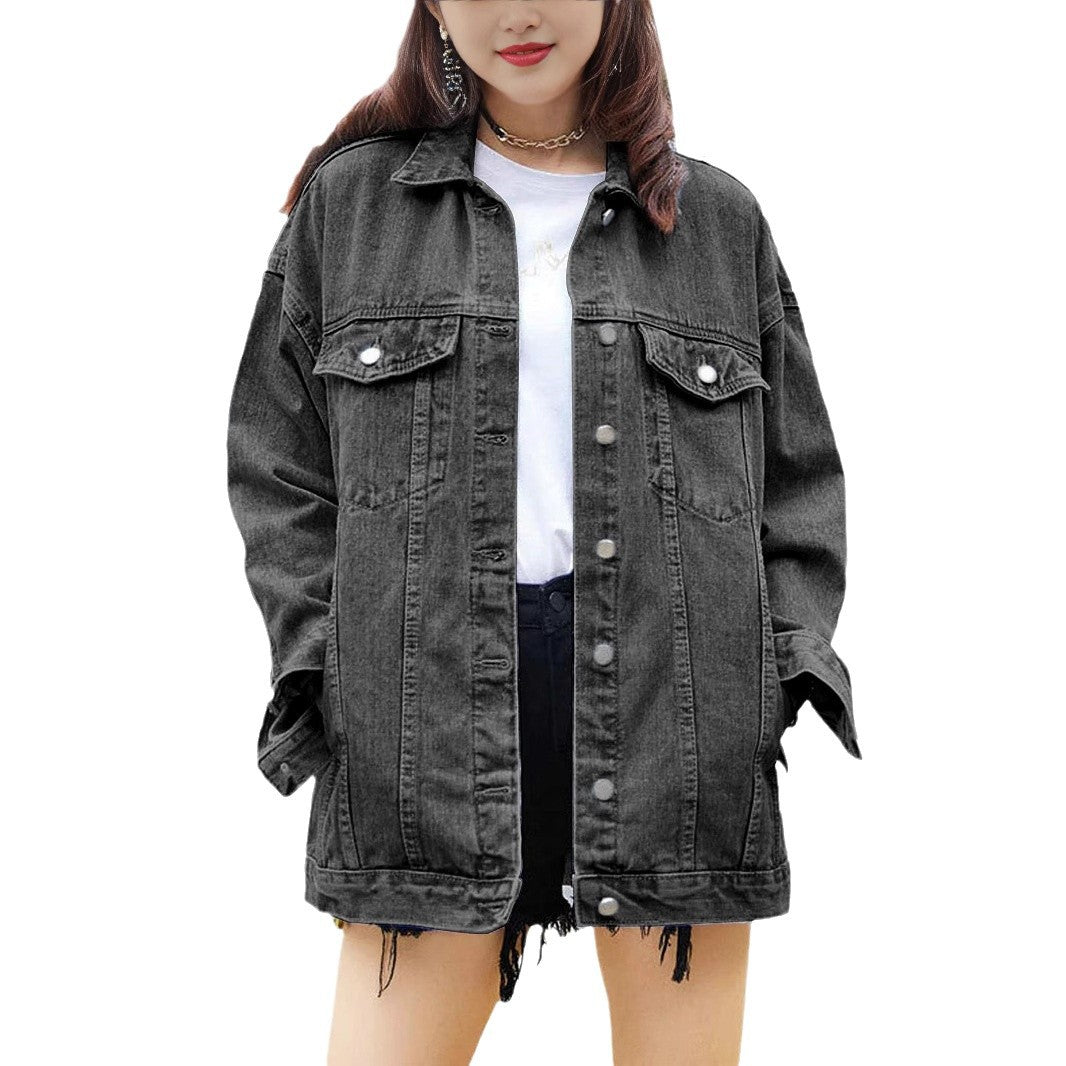 Damen Oversized Denimjacke Dekorative Druckknöpfe