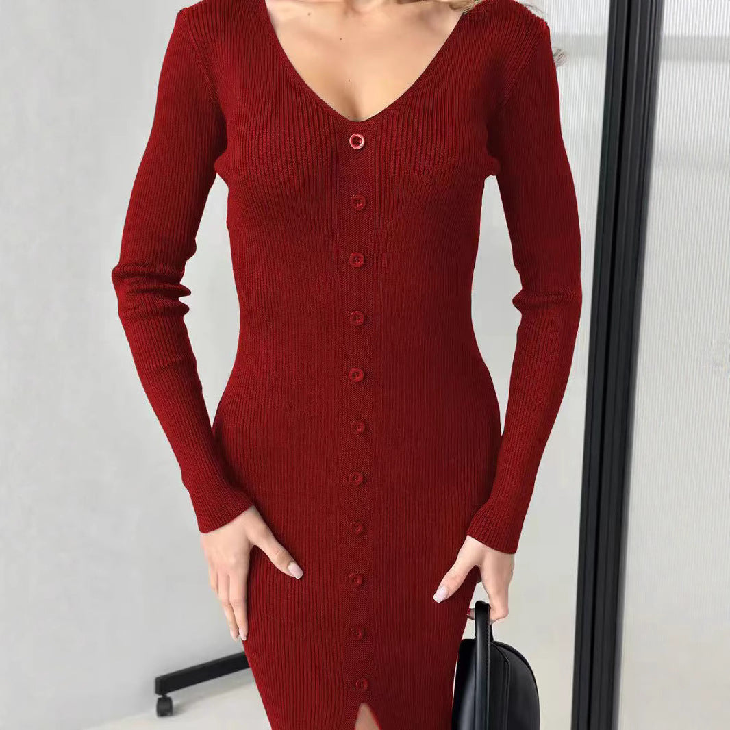 Damen Strickkleid V-Ausschnitt Hochgeschlossen
