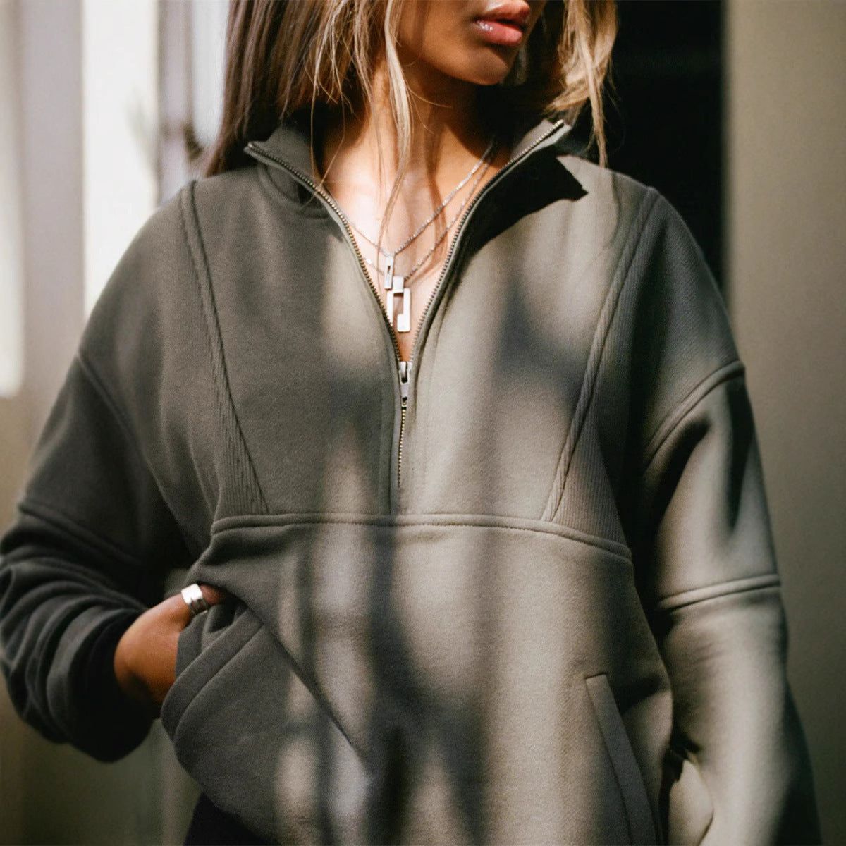 Damen Stehkragenpullover Elastisch Reißverschluss Norvielle