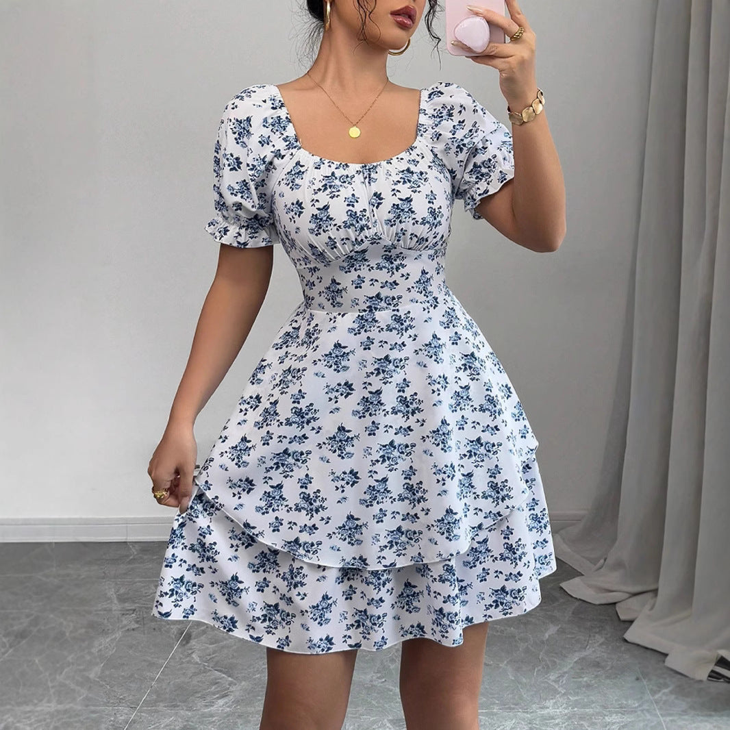 Damen Minikleid Blütenprint Puffärmel Schwarz - Norvielle