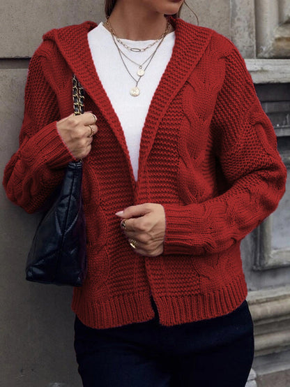 Damen Grobstrick-Cardigan mit Kapuze und Zopfmuster