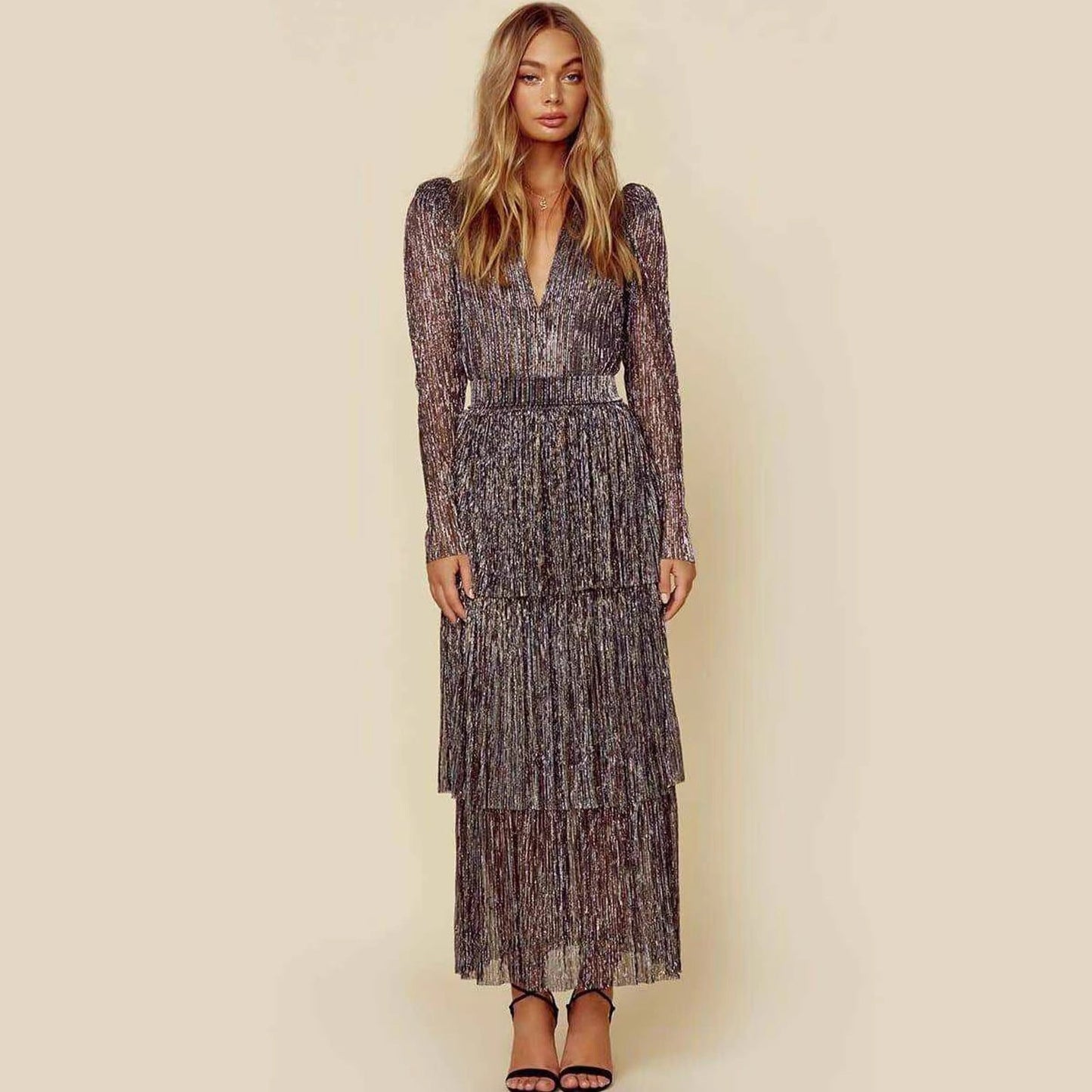 Damen Abendkleid V-Ausschnitt Schillernde Lagen Norvielle