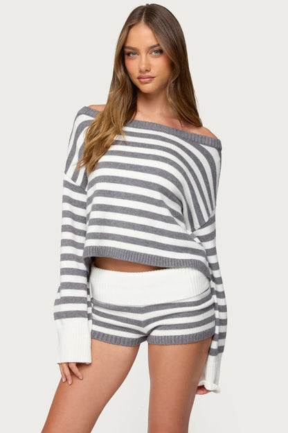 Damen Cropped Strickset Streifen Weit Schnitt