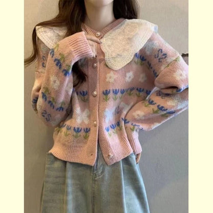 Damen Strickjacke Floralmuster Großkragen Norvielle