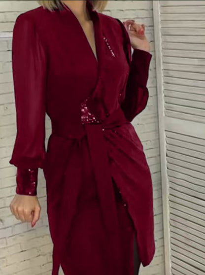 Damen Wickelkleid mit Pailletten Taillengürtel