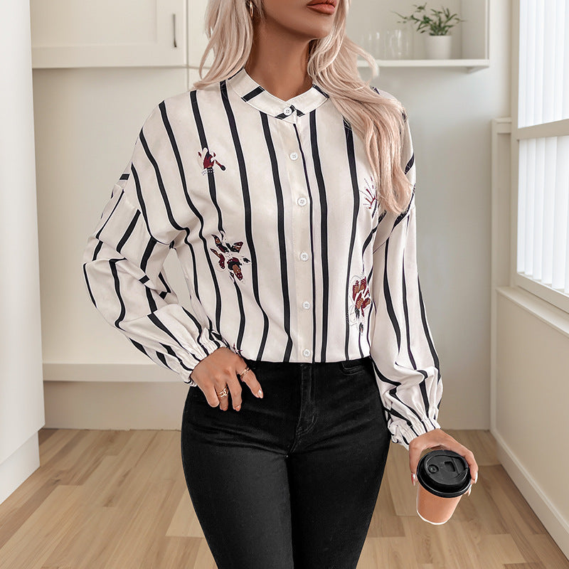 Damen Bluse Gestreift Puffärmel Elegante Stickerei