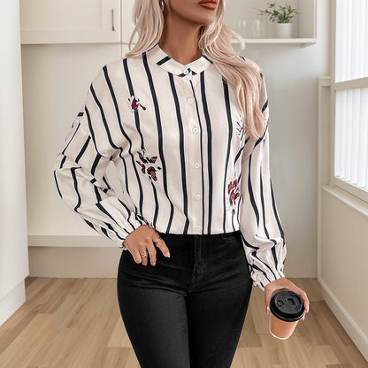 Damen Bluse Gestreift Puffärmel Elegante Stickerei