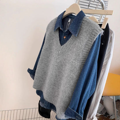 Damen V-Ausschnitt Strickpullover Lässiger Denim Look