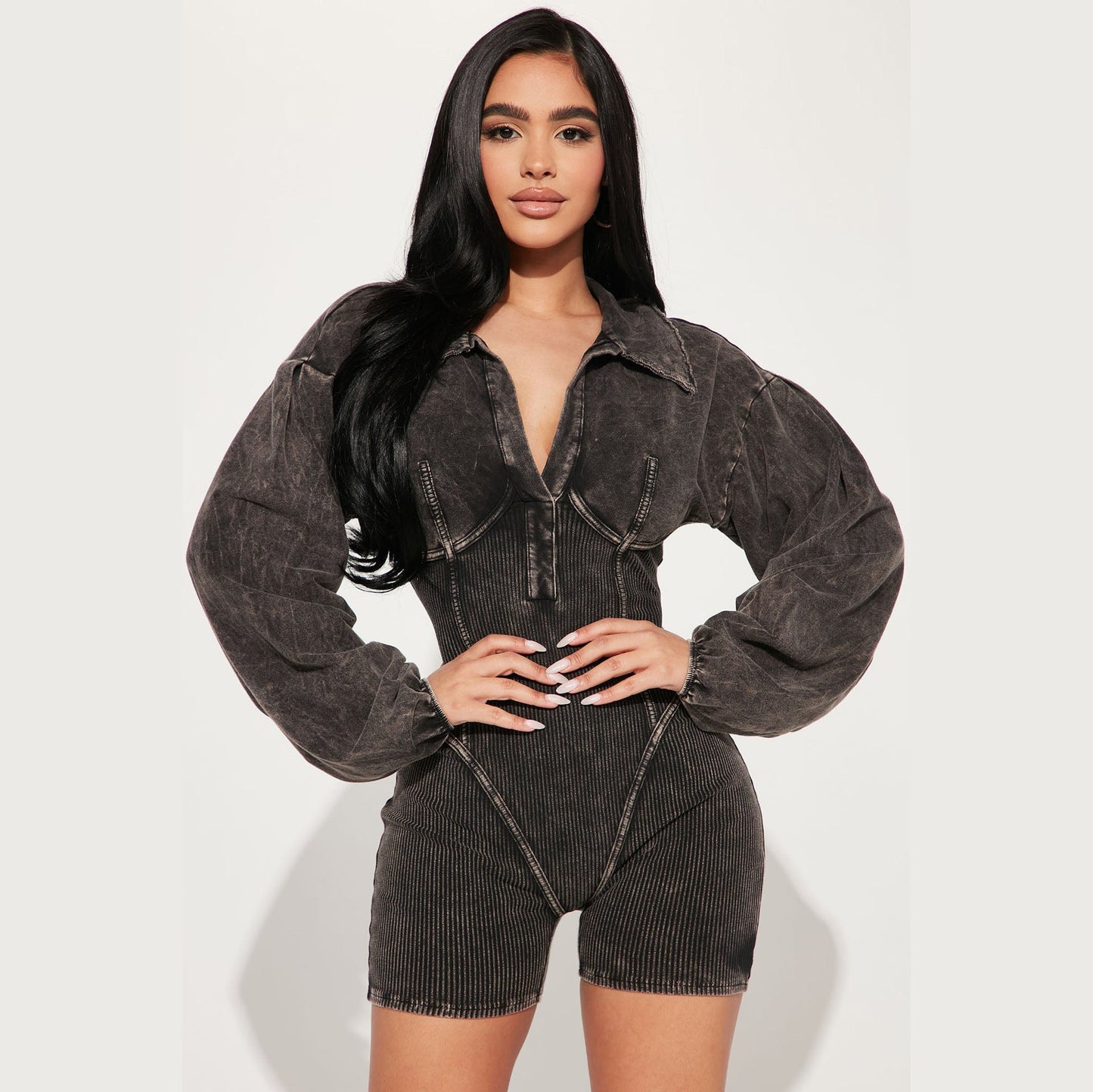 Damen Jumpsuit Puffärmel Rippstruktur Norvielle - Norvielle