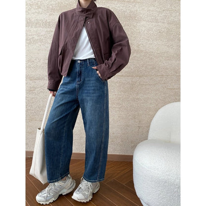 Damen Übergangsjacke Minimalistisch Hochkragen Praktische Taschen