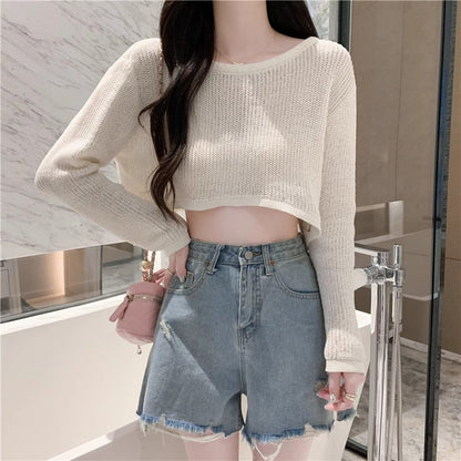 Damen Cropped Pullover Feinripp Strick Lässig Beige