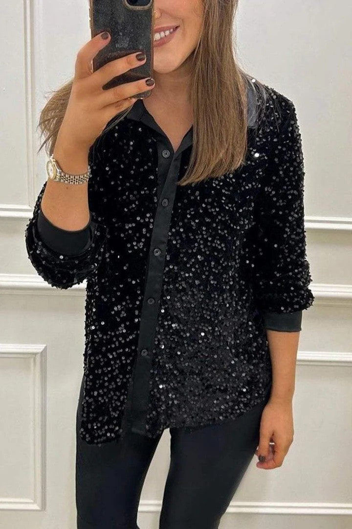 Damen Paillettenbluse Klassischer Kragen Glitzer Effekt