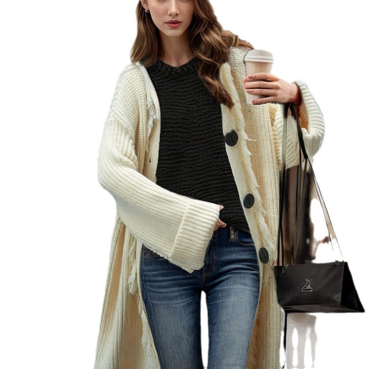Damen Grobstrick-Cardigan mit Fransen und Knöpfen Norvielle
