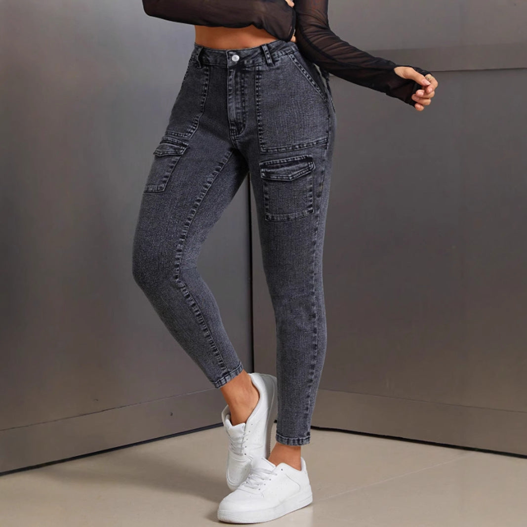 Damen High-Waist Jeans Slim Fit mit Pattentaschen