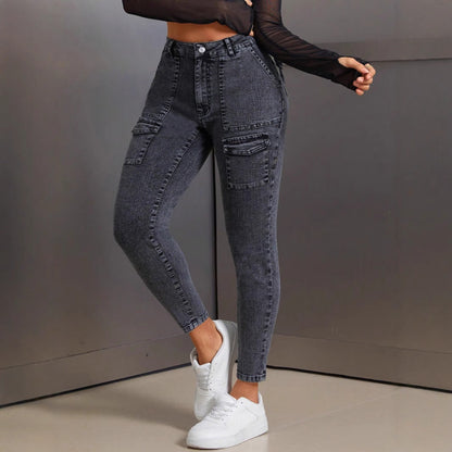 Damen High-Waist Jeans Slim Fit mit Pattentaschen