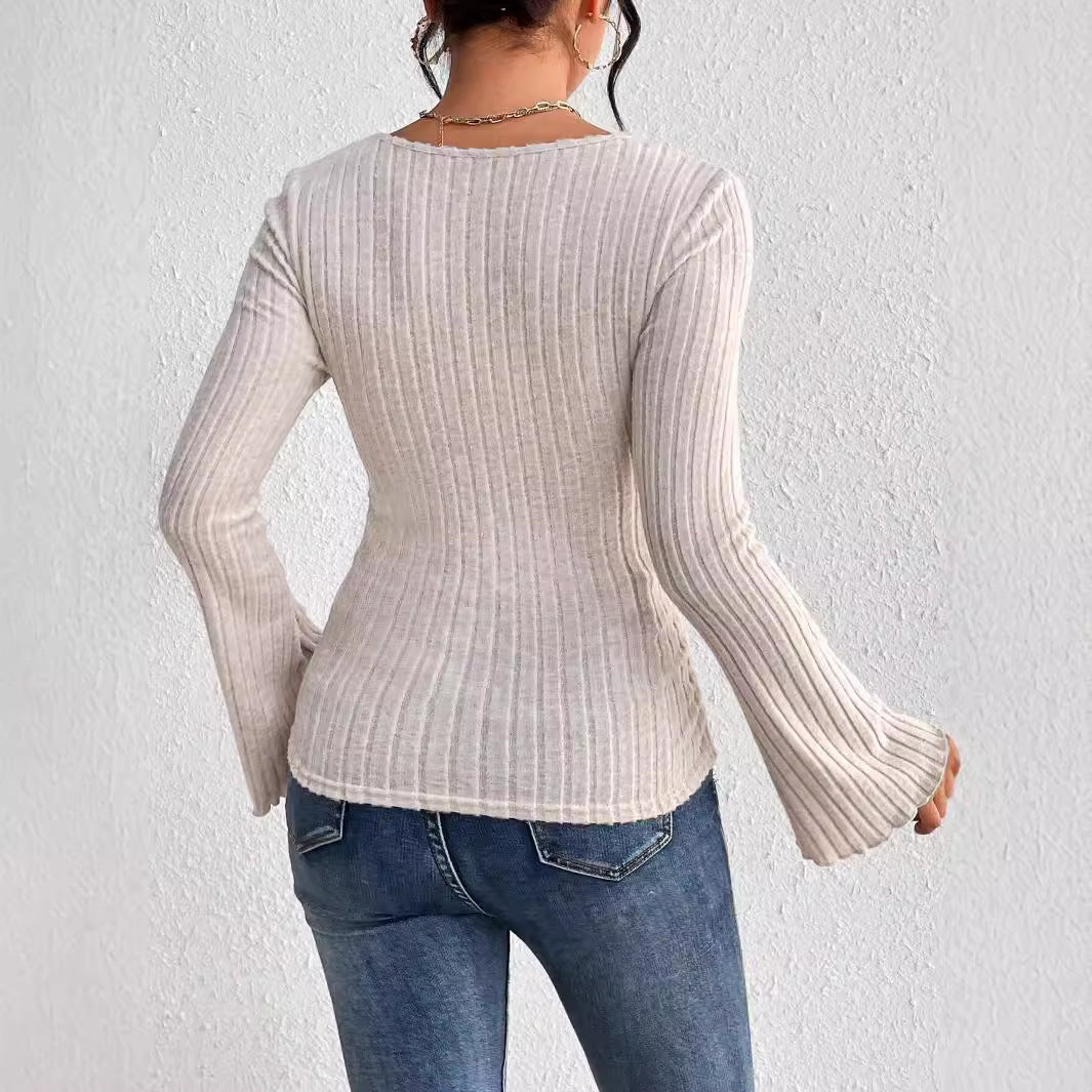 Damen Langarmshirt V-Ausschnitt Rüschendetails Norvielle