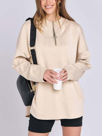 Damen Hoodie Halbzipp Norvielle Baumwolle Locker Beige