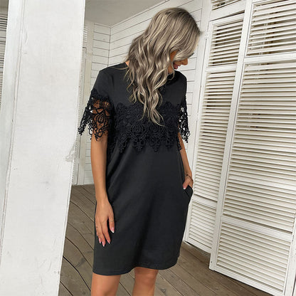 Damen Freizeitkleid Spitzenbesatz Taschen Elegant