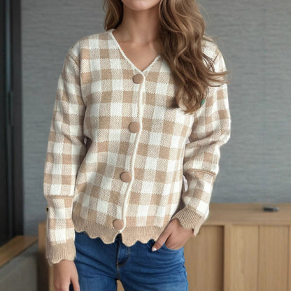 Damen Strickjacke Kontrastmuster Knöpfe Norvielle