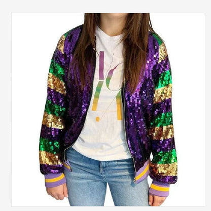 Damen Glitzerjacke Multicolore Pailletten Bomberjacke