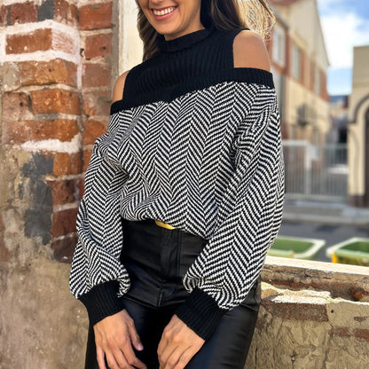 Damen Pullover Schulterauschnitt Zickzackmuster Norvielle