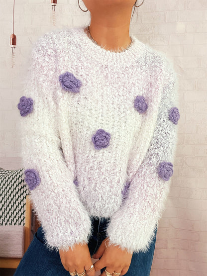 Damen Strickpullover Kuschelig Floralmuster Beige