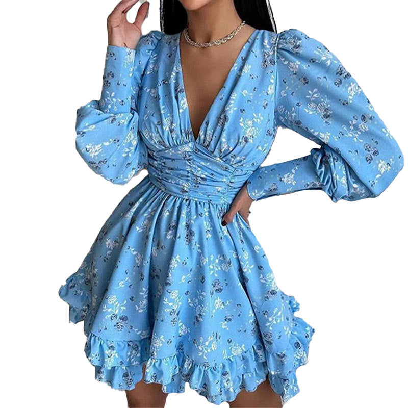 Damen Blumenkleid Voluminöse Ärmel Geraffter Rock Norvielle
