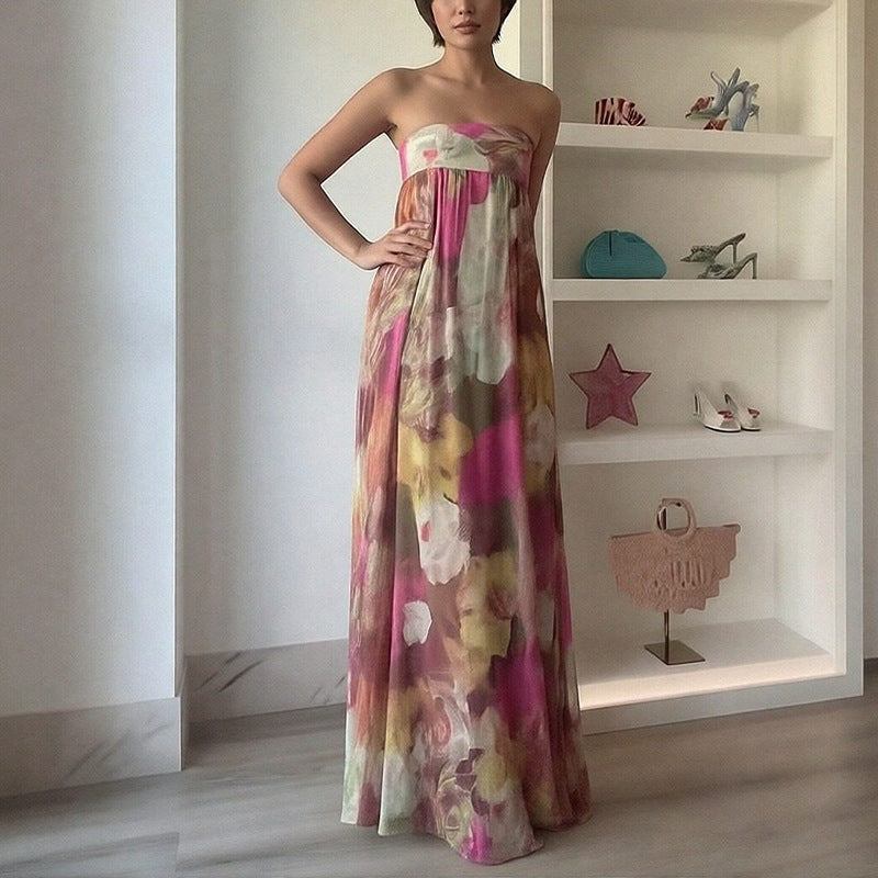 Damen Strandkleid Schulterfrei Florales Muster Lang