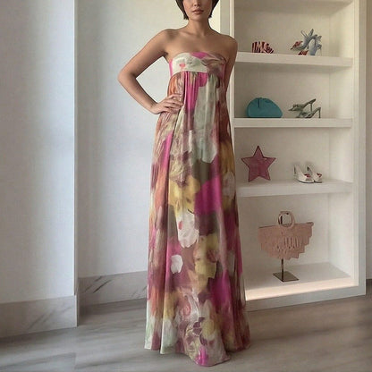 Damen Strandkleid Schulterfrei Florales Muster Lang