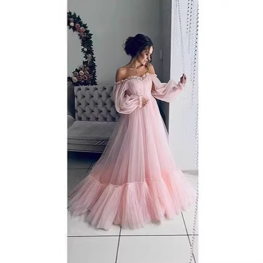 Damen Abendkleid Tüll Schulterfrei Voluminöse Ärmel Norvielle