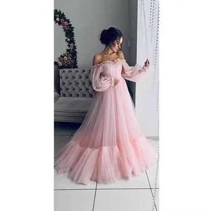 Damen Abendkleid Tüll Schulterfrei Voluminöse Ärmel Norvielle