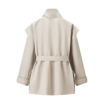 Damen Trenchcoat Jacke Hochgeschlossener Kragen Praktische Taschen